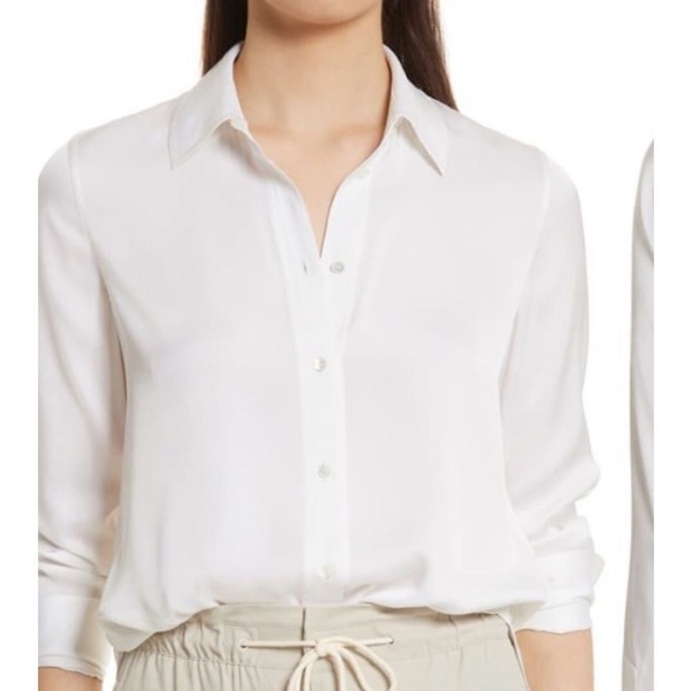 Vince White Button-Front Collared SILK Blouse. Size L.